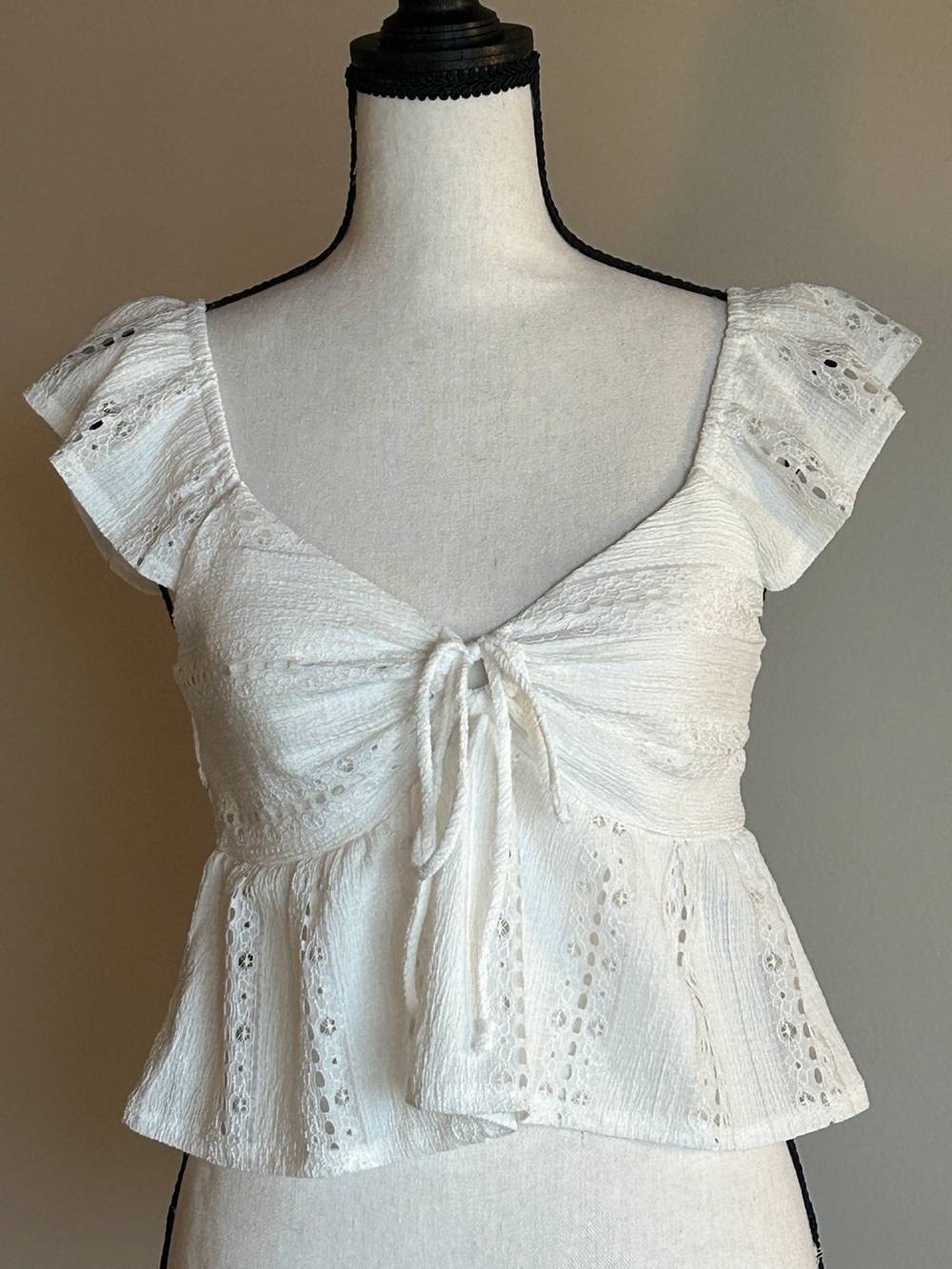 White Eyelet Tie-Front Peplum Crop Top - Women